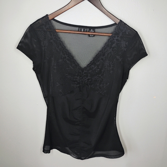 INC Y2K Sheer Mesh Lace Top Womens Medium Black Whimsigoth Witchy Embroidered - Picture 2 of 9
